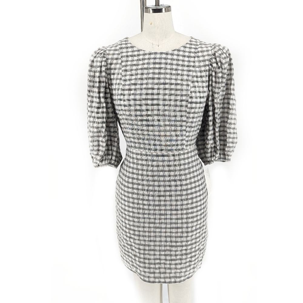 Lulus Plaid Balloon Sleeve Sheath Dress Black White S preppy punk grunge